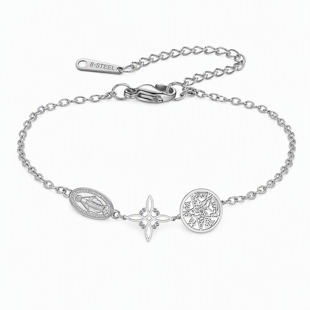Polsera ajustable d'acer amb pendents de creu, pentagrama i nus