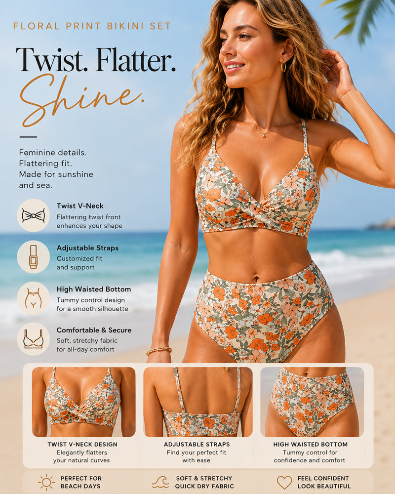 Conjunto de bikini de cintura alta con estampado floral, nudo y escote en V