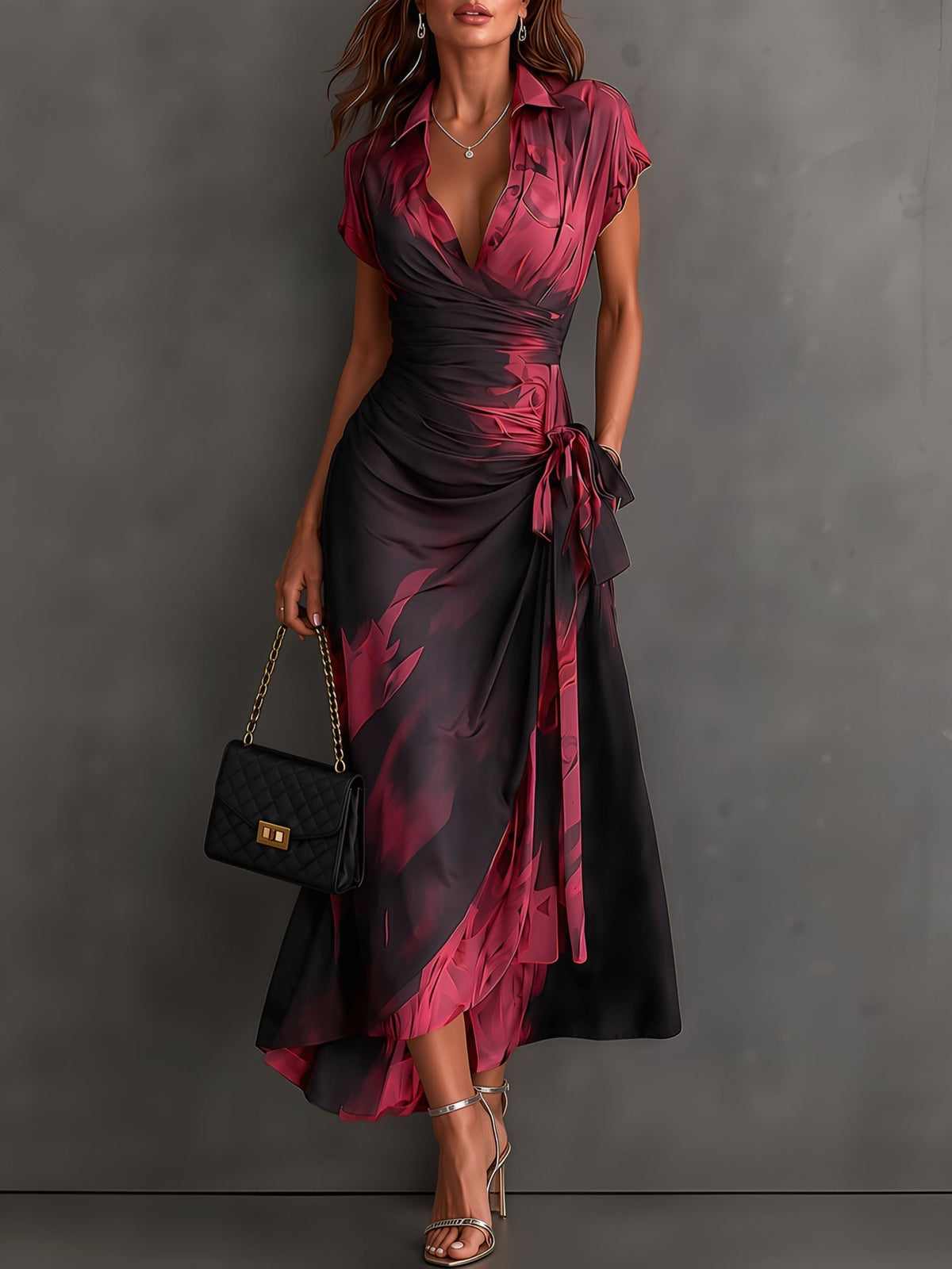 Vestit midi creuat amb estampat abstracte vermell i negre