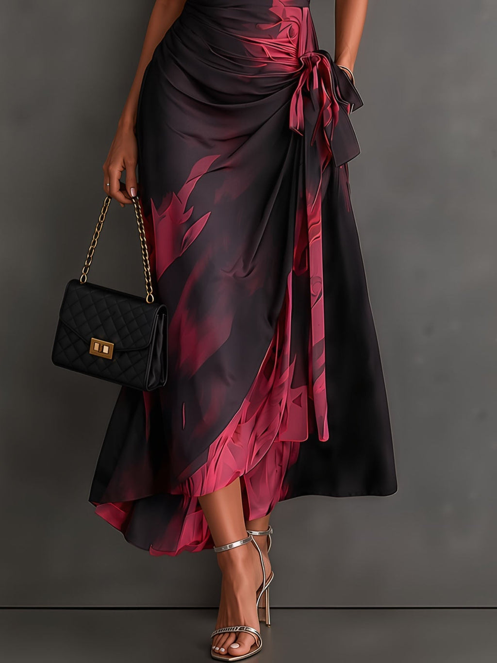 Vestido midi cruzado con estampado abstracto rojo y negro